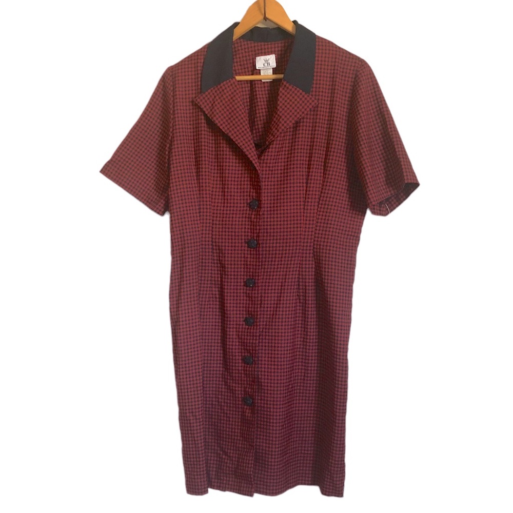 Vintage CB Dress 16 Houndstooth Red/Black Short Sleeves Button Front Bac…